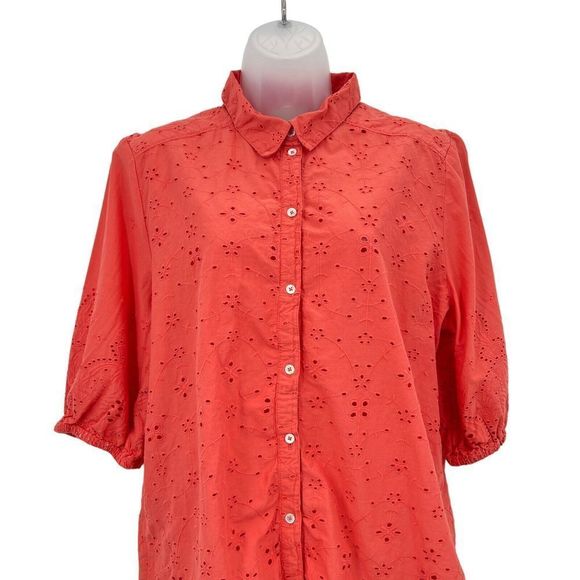 Sundance Corsica Eyelet Top Women's Large Orange Coral Button Up Elbow Sleeve - Picture 2 of 9